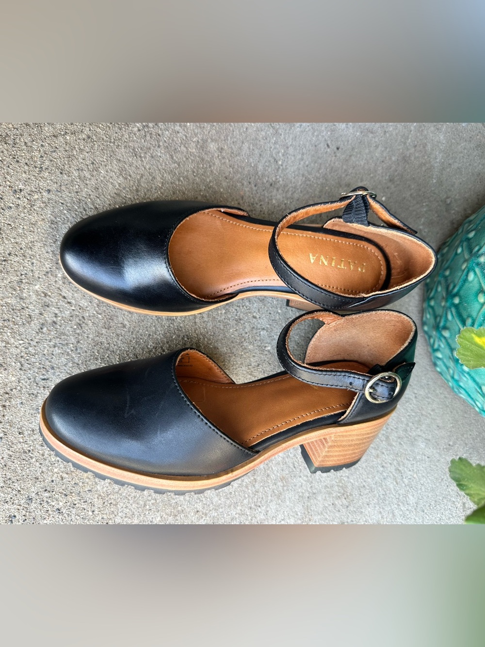 Patina Black Leather Block Heel Sandal